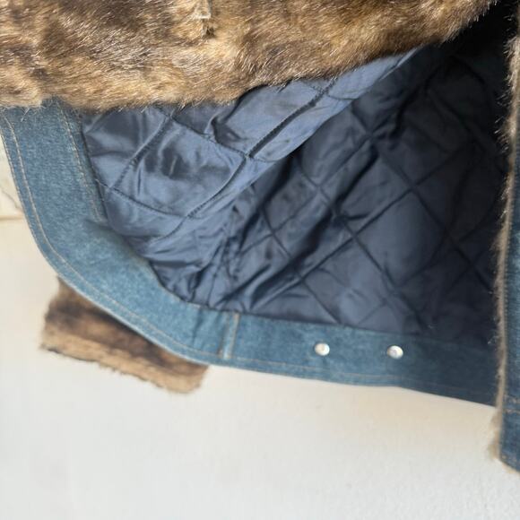 Y2K Esprit Denim Jacket Faux Furt Trim Quilted Lining Med Wash Jean Coat Women M - Picture 5 of 9